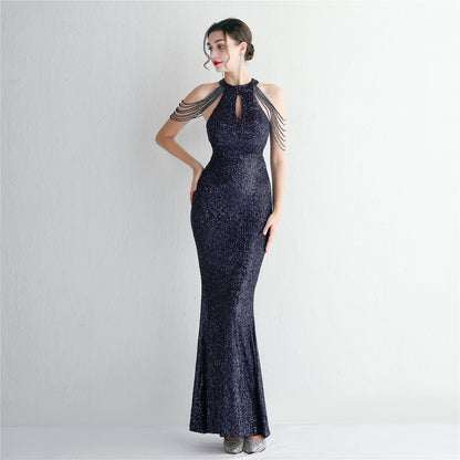 Sequined Craft Beading Cocktail Evening Dress Elegant Long Halter Slim Fit Fishtail