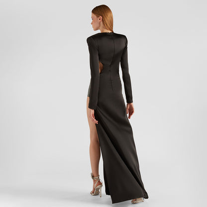 Robe noire découpée en strass, manches longues, fendue, Slim Fit, Sexy, automne hiver