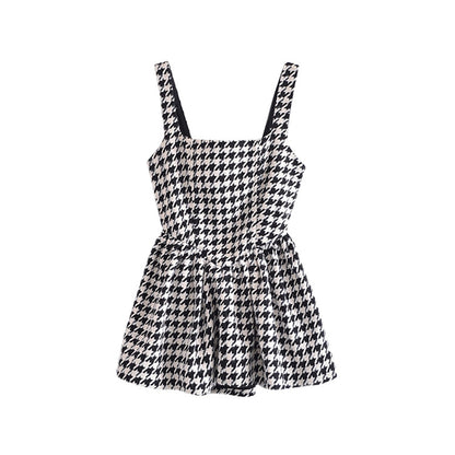 Spring Autumn Classic High Waist A- line Bubble Dress Short French Retro Houndstooth Nipped-Waist Suspender Dresses