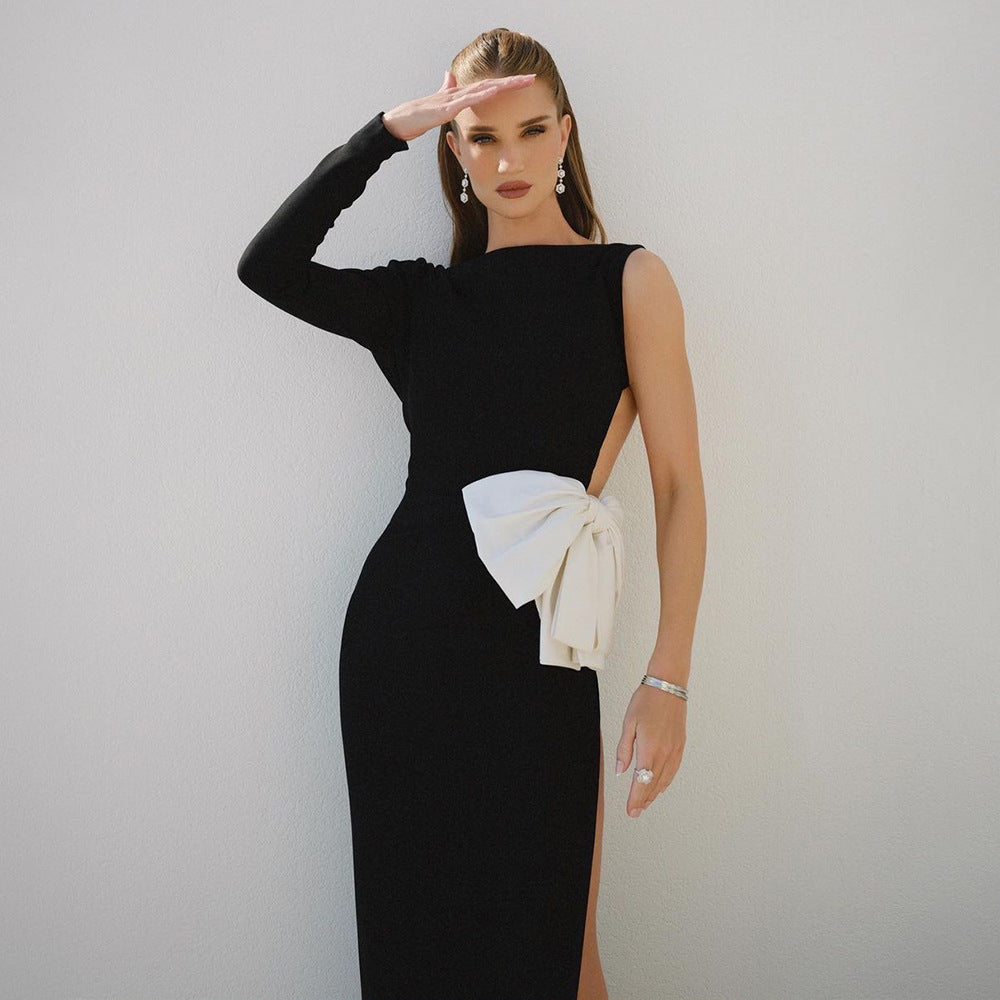 Black One Shoulder Long Sleeve White Bow Formal Dress Women Clothing Sexy Oblique Shoulder Slim Fit Slit