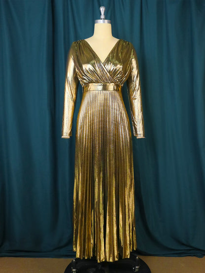 Gilding V neck Comfortable Dress Comfortable Light Luxury Lightly Mature High Waist Pleated Maxi Dress