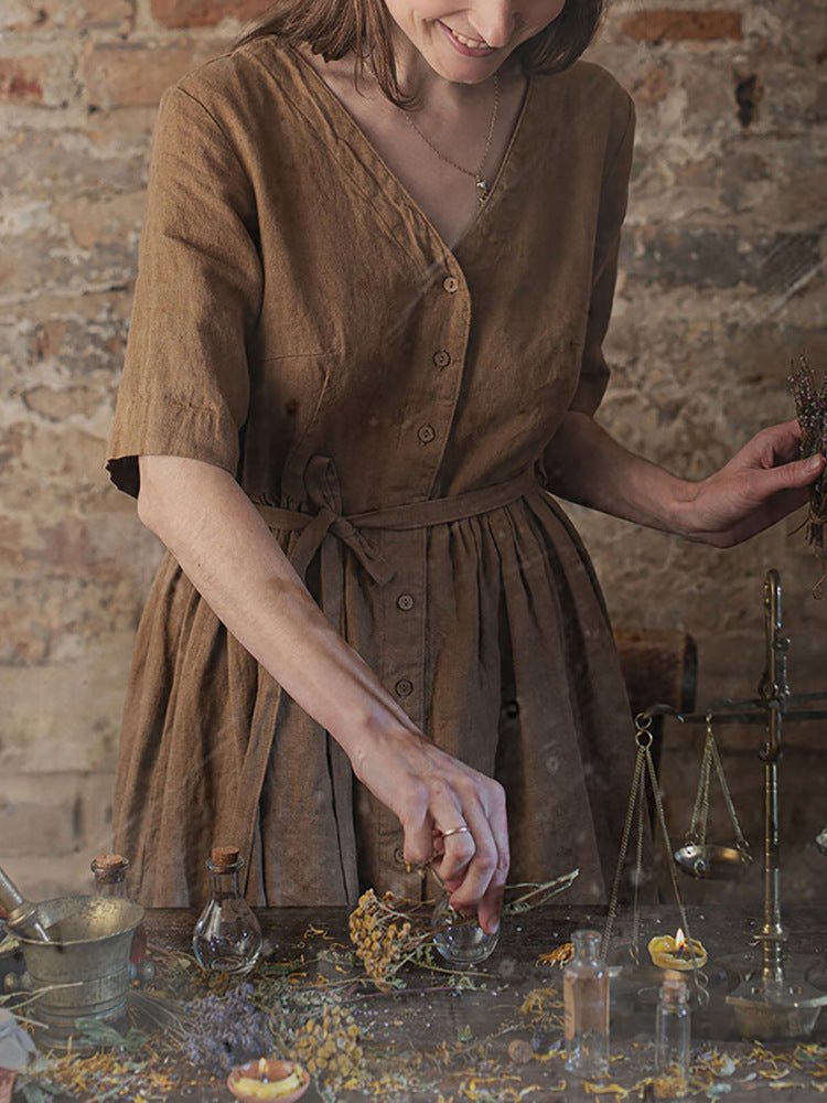 Vestido de lino y algodón nórdico para primavera y verano, escote en V, cintura ajustada, diseño de abertura lateral, vestido de dormir elegante para mujer