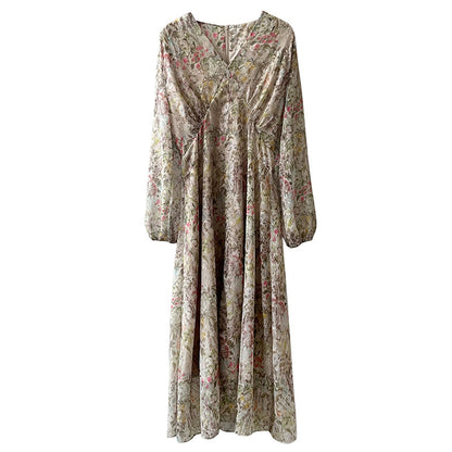 Gentle Vneck Floral Dress for Women Spring Summer Korean Long Sleeve Cinched MidLength Dress