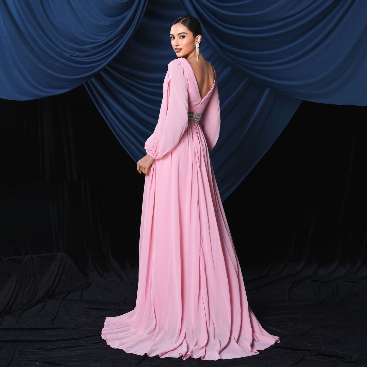 Long Sleeved Elegant V neck Sexy Long Slit Cocktail Evening Dress Bridesmaid Dress Large Swing Dress Women