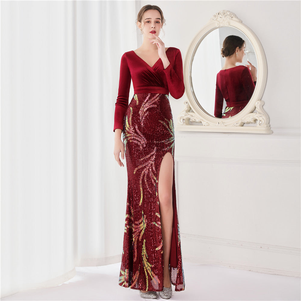 Robe de soirée en velours coréen à 10 paillettes à manches longues en queue de poisson pour femmes, haut de gamme, élégante, cocktail, réunion annuelle, roi