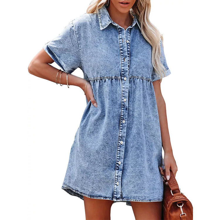 Robe courte ample en Denim lavé à col doux et feuille de Lotus