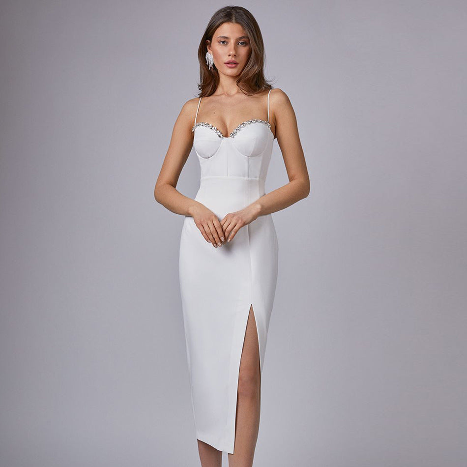 New Sleeveless Mid-Waist White Solid Color Sling Simple Dress Metal Corsage Annual Party Evening Dress