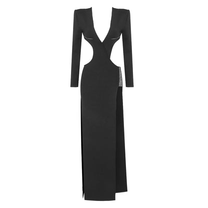 Robe noire découpée en strass, manches longues, fendue, Slim Fit, Sexy, automne hiver