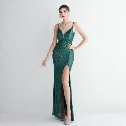 Sequin Beaded Long Camisole Gown Cocktail Slim Fit Evening Dress Elegant Stunning Fishtail Dress