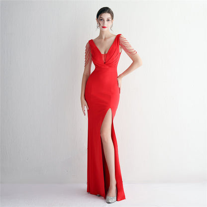 Satin Craft Beaded Long Banquet Slim Fit Evening Dress Elegant Long Sequin Annual Meeting Host