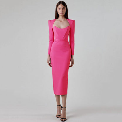 Spring Autumn Elegant Bandage Dress Square Collar Horn Padded Shoulder Long Sleeve Stretch Slim Fit Elegant Dress