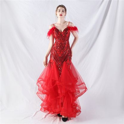 Craft Order – robe de spectacle de danse en maille dure, plumes d'autruche, positionnement, paillettes florales, couture, maille