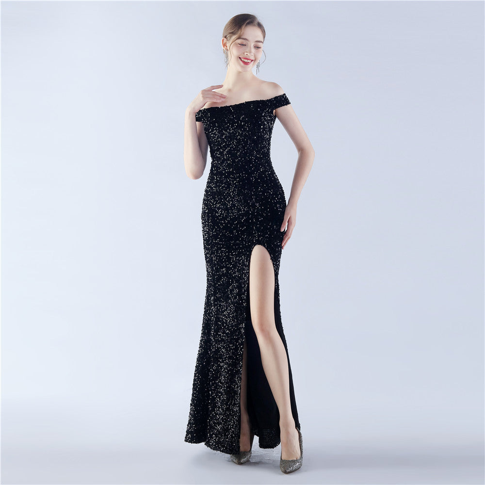 Robe de soirée à col dénudé avec paillettes faites à la main et bas en velours