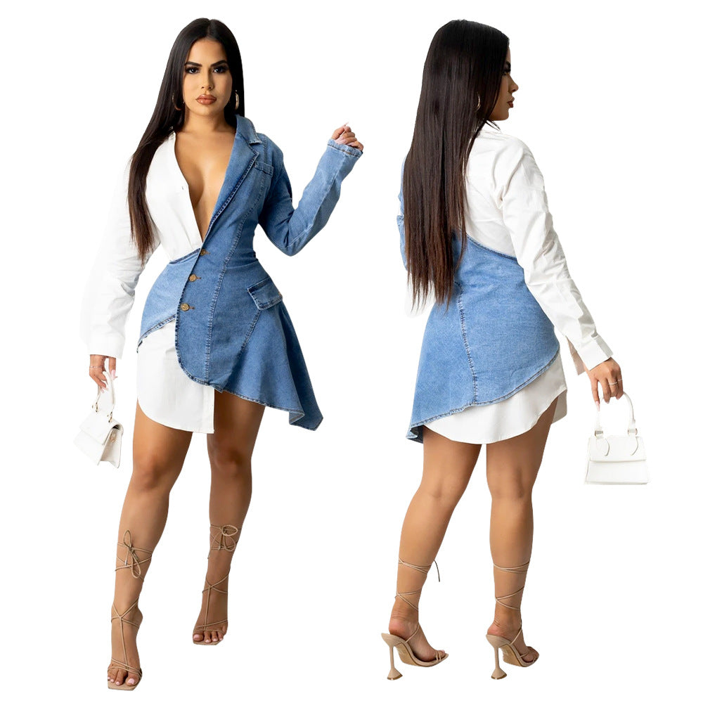 Mode Sexy col en V Denim couture irrégulière robe asymétrique grande taille