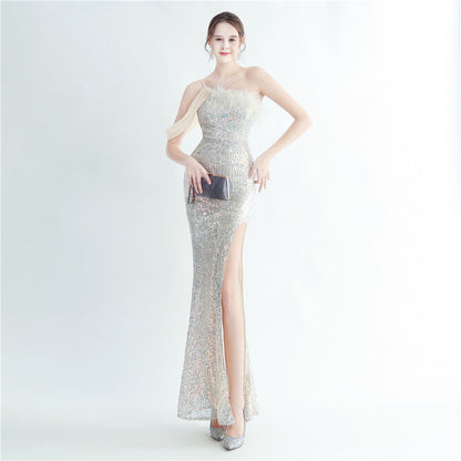 High Density Ostrich Feather Craft Beading High End Evening Dress