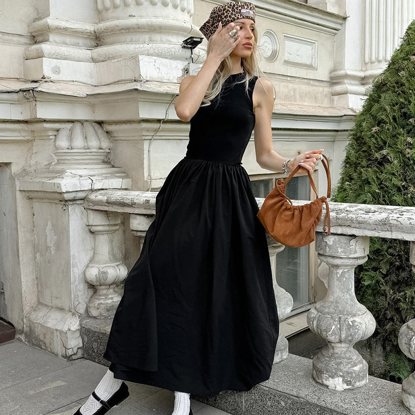 Jersey sin mangas con cuello redondo francés, vestido informal con vuelo, vestido de otoño para mujer