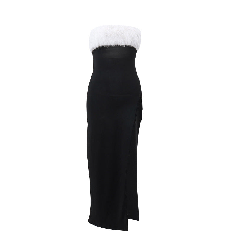 Robe d'hiver sexy à épaules dénudées et tube en fourrure fendue pour femme