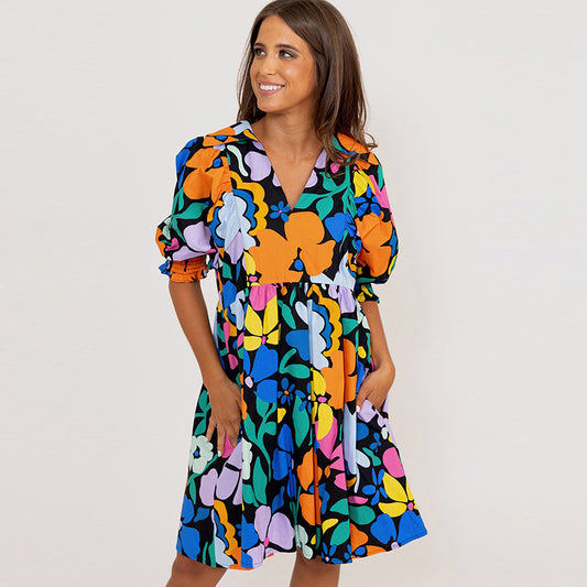 Robe pull de printemps à col en V pour femmes, robe courte imprimée multicolore assortie avec tout