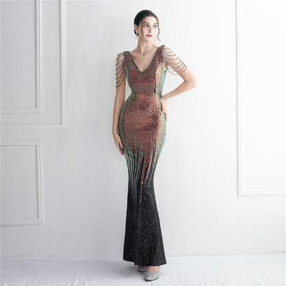 Mixed Color Sequin Craft Beaded Party Dress Long Cocktail Slim Fit Evening Dress Elegant Long