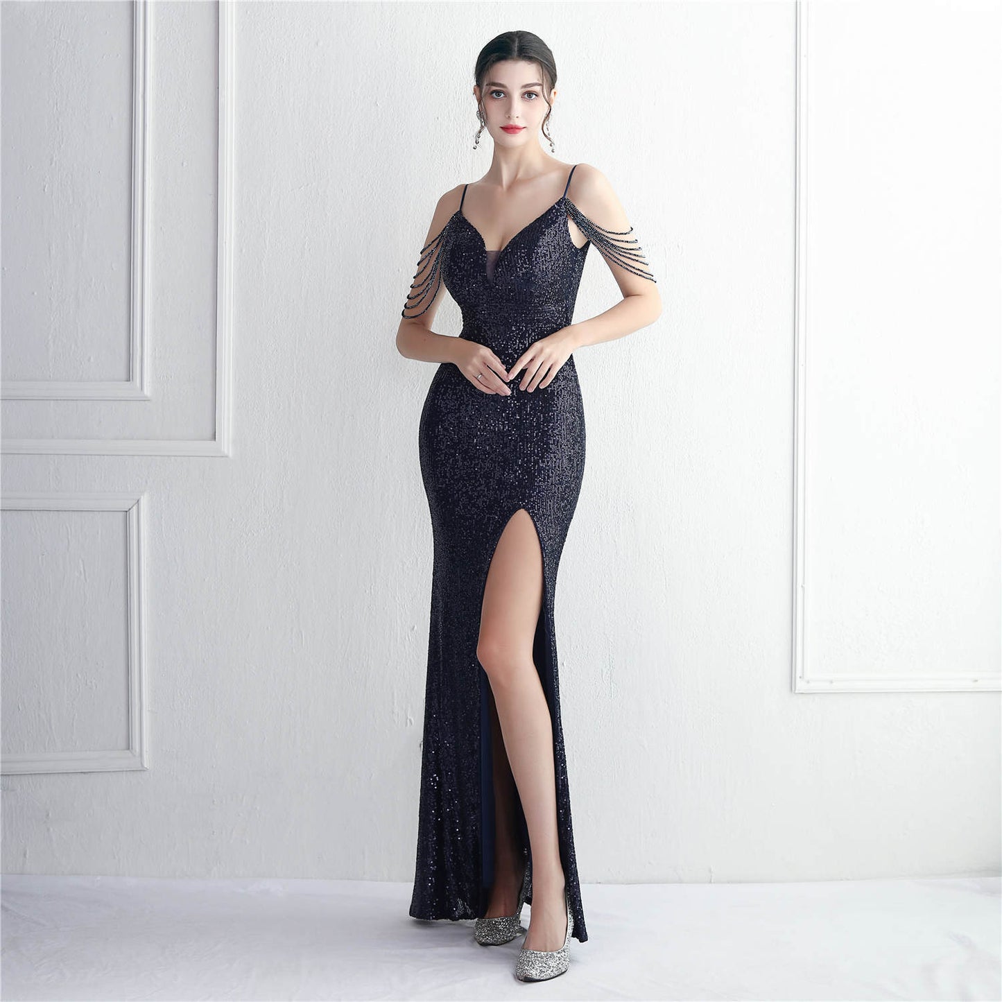 Sequin Beading Sling Party Sequined Dress Long Banquet Slim Fit Evening Dress Elegant