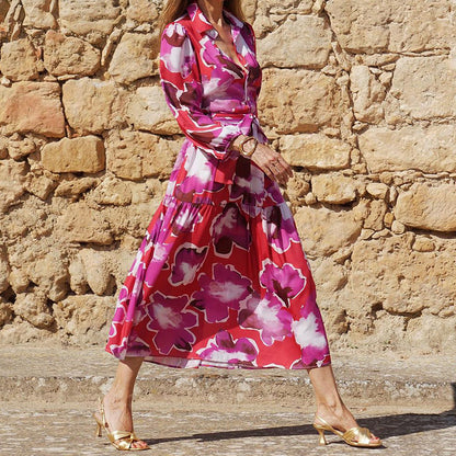 Vestido de mujer de otoño con cuello estampado y manga larga de longitud media