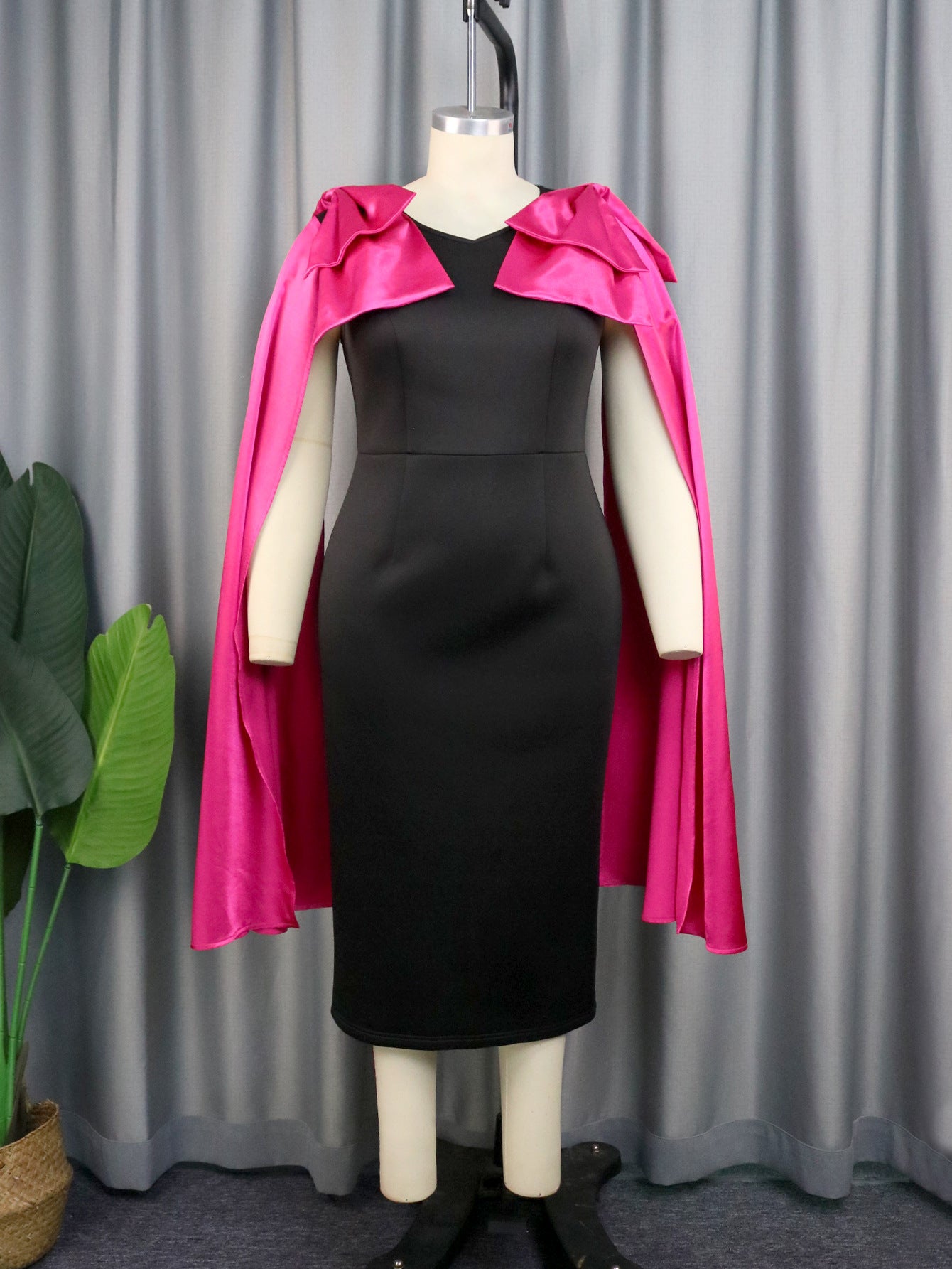 Designer Model Cape Sleeve Contrast Color Dress Bow Super Long Sleeve Cocktail Dress