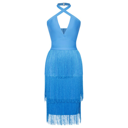 Dress Bandage Dress Halter Sexy Hollow Out Cutout Blue Tassel Dress Women