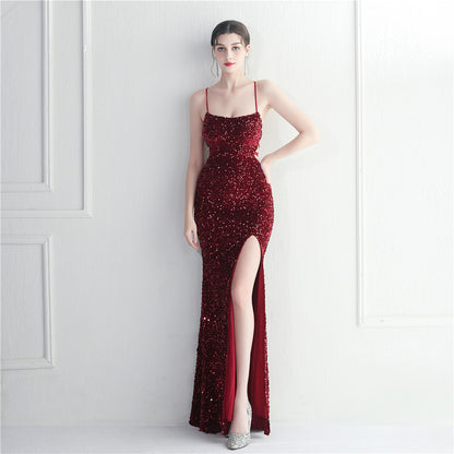 Velvet Bottom Sequin Halter Spaghetti Straps Nightclub Dress Long Fish Tail Evening Dress