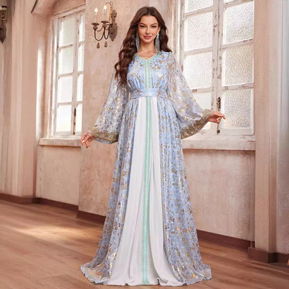 High Class Dubai Maxi Dress Women Middle East Dress Printed V neck Long Sleeve Ethnic Dress