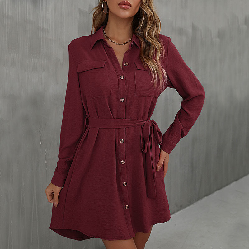 Early Autumn Dress Long Sleeved Red Collared French Shirt Dress