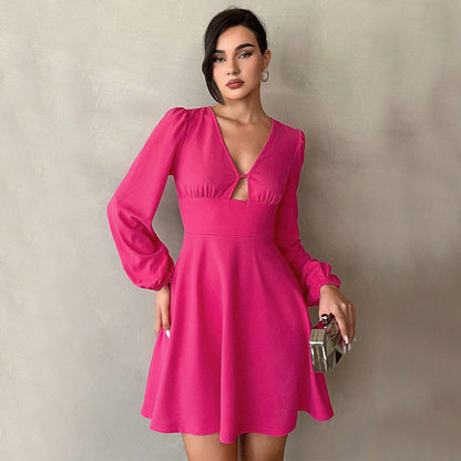 Femmes vêtements automne hiver taille serrée col en V manches bouffantes une ligne robe élégante Mini robe