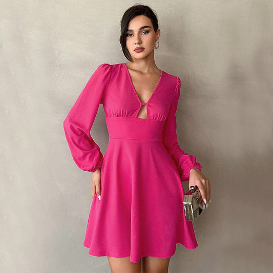 Women Clothing Autumn Winter Waist Tight V neck Puff Sleeve A line Dress Elegant Mini Dress