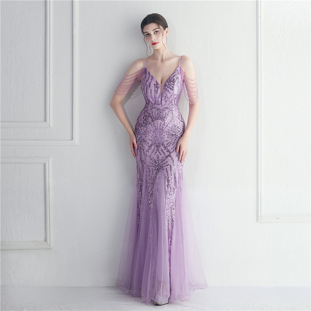 Beaded Bridal Wedding Dinner Long Camisole Evening Dress