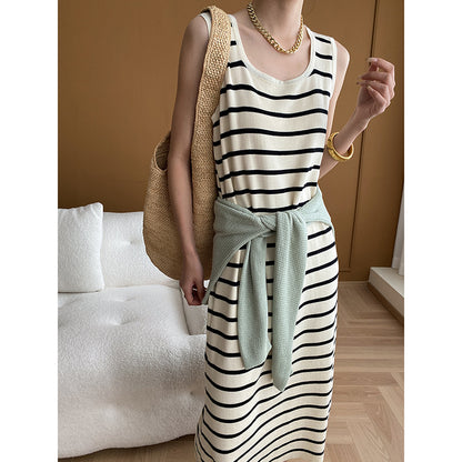 French U Collar Striped Contrast Color Loose Straight Vest Knitted Dress