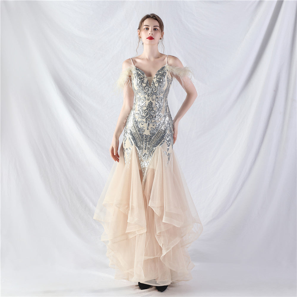 Craft Order – robe de spectacle de danse en maille dure, plumes d'autruche, positionnement, paillettes florales, couture, maille