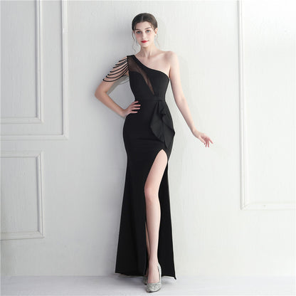 Robe longue sexy fendue transparente en maille perlée artisanale