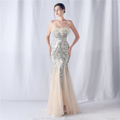 Ostrich Feather Positioning Floral Cutting Wedding Annual Meeting Tube Top Sequin Gauze Evening Dress