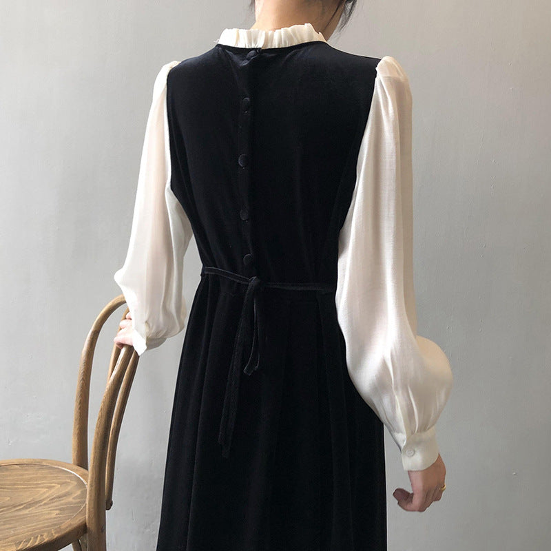 Women Round Neck Stitching Contrasting Color Dress Women Autumn Hepburn Dress