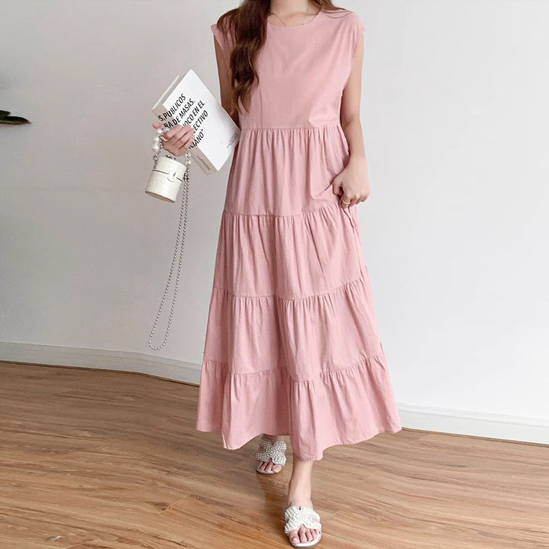 Women Clothing Dress Summer Sweet Fresh Women High Sense Small Solid Color Loose Tiered Dress