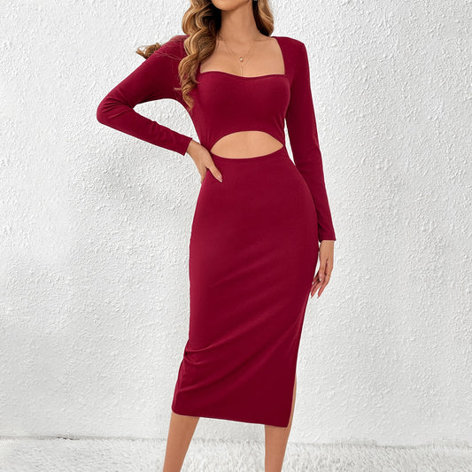 Robe Sexy à taille ajourée et découpée, silhouette flatteuse, fente latérale sur les hanches