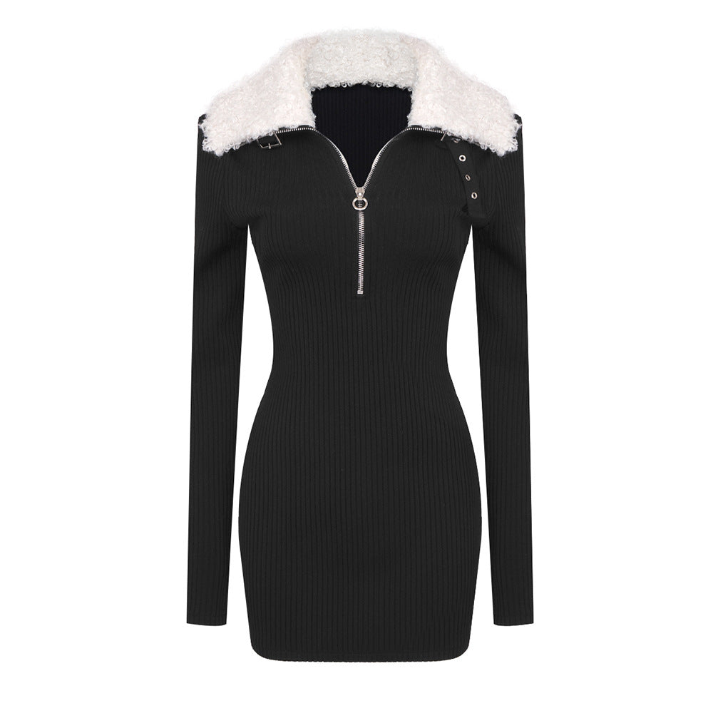 Autumn Winter Black Fur Collar Zipper Bandage High Elastic Dress Sexy Women Wear Stand Collar Design