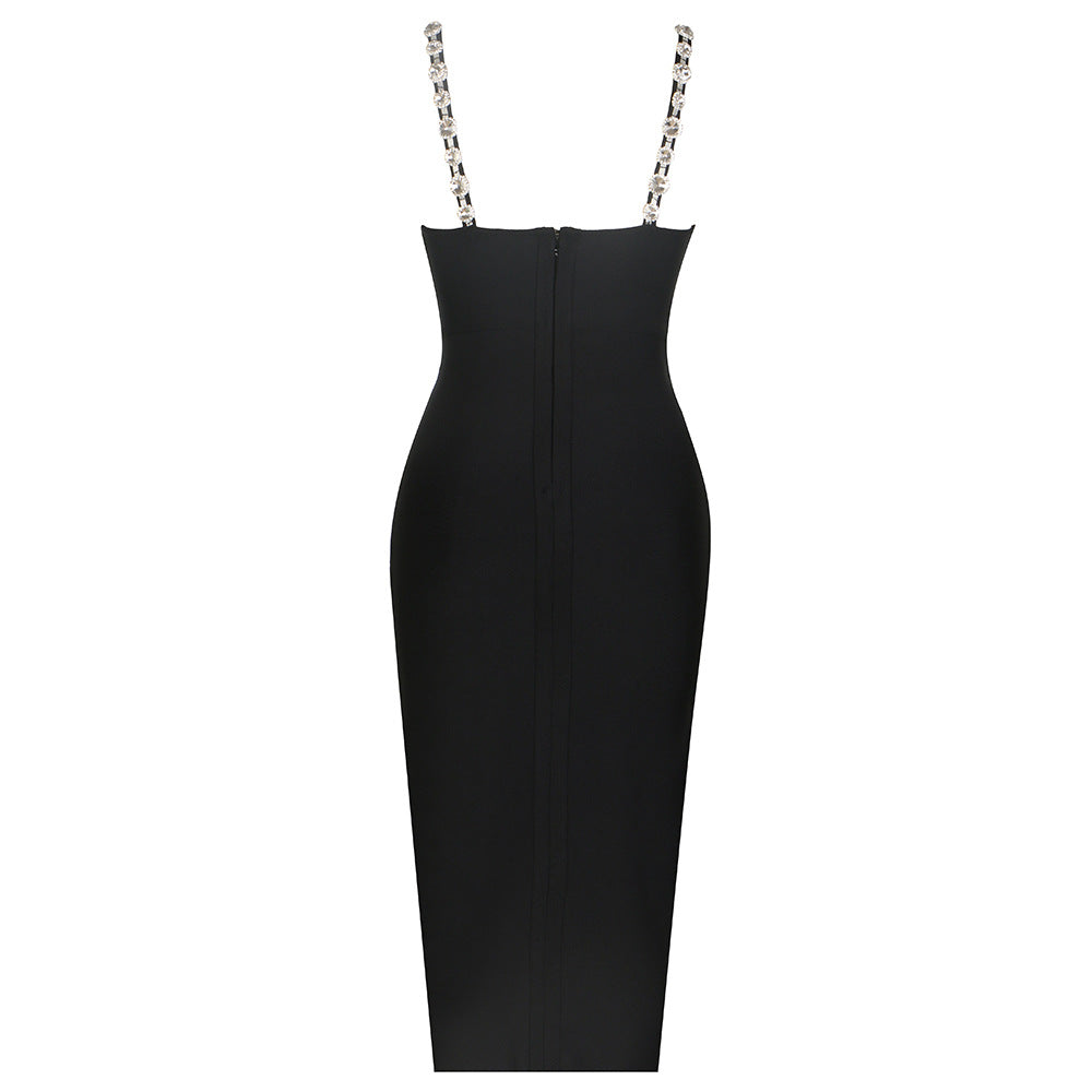 Black Sexy Deep V Plunge neck Heavy Industry Nail Chain Diamond Embedded Split Evening Dress Stretch Knitted Tight Bandage One Piece Dress