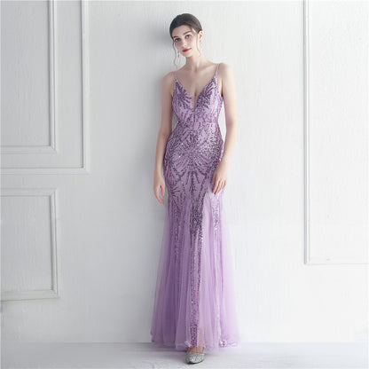 Sequin Gauze Sexy Sling Star Internet Celebrity Grand Ceremony Long Evening Dress