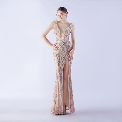 Ostrich Feather Heavy Industry Beads Dinner Exhibition Side Slit High End Evening Dress