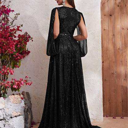 Robe populaire à paillettes, col en V, robe de soirée, robe longue fendue, robe de cocktail haut de gamme