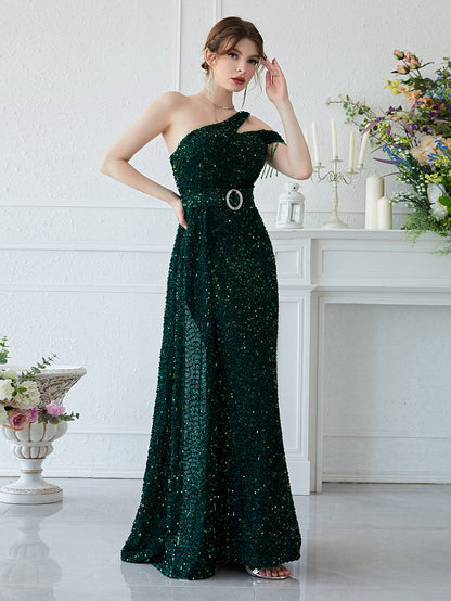 Robe élégante à paillettes, épaules dénudées, sans manches, robe de soirée, coupe ajustée, robe queue de poisson à paillettes