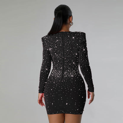 Sexy Slim Fit Rhinestone Slim Fit Elastic Hip Long Sleeve Dress