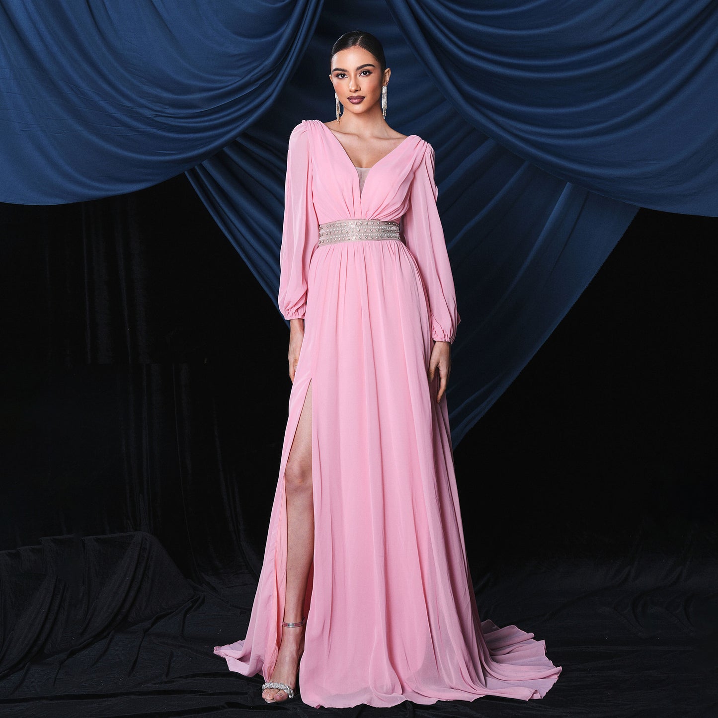 Long Sleeved Elegant V neck Sexy Long Slit Cocktail Evening Dress Bridesmaid Dress Large Swing Dress Women