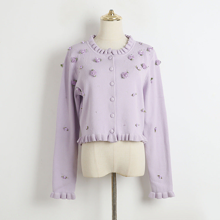 Three Dimensional Rose Floral Binding Purple Autumn Winter Lady Lotus Collar Knitted Cardigan Mid Length Suspender Dress Two Piece Set