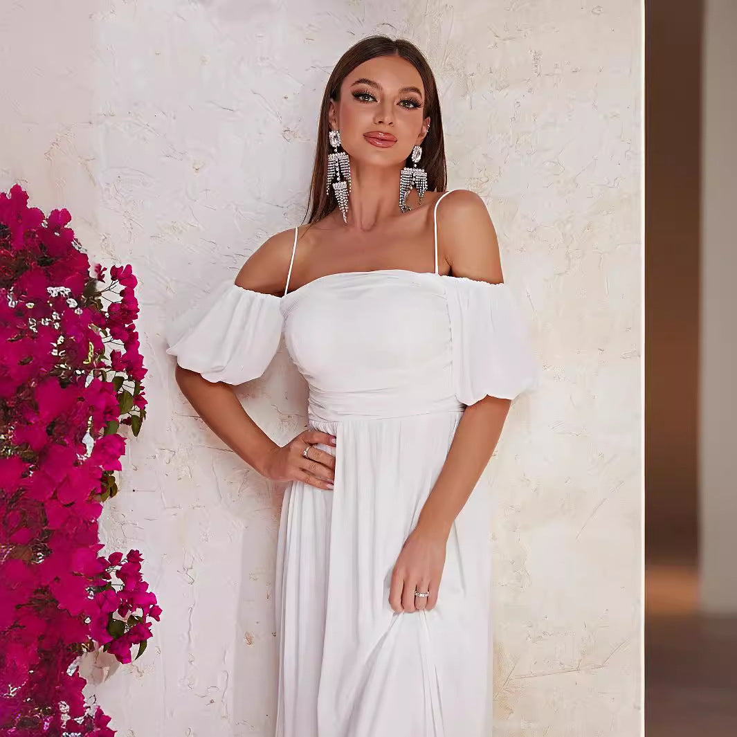 Robe Maxi blanche à épaules dénudées, manches courtes, robe de soirée de bal, longue, décontractée, vacances, été